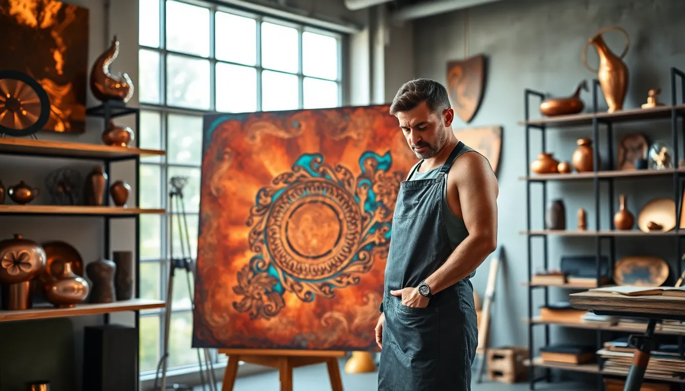 Artist creating vibrant copper artwork in a modern studio.