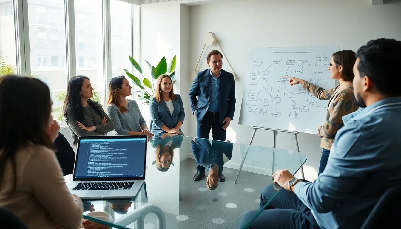 diverse team discussing Python programming in a modern office.
