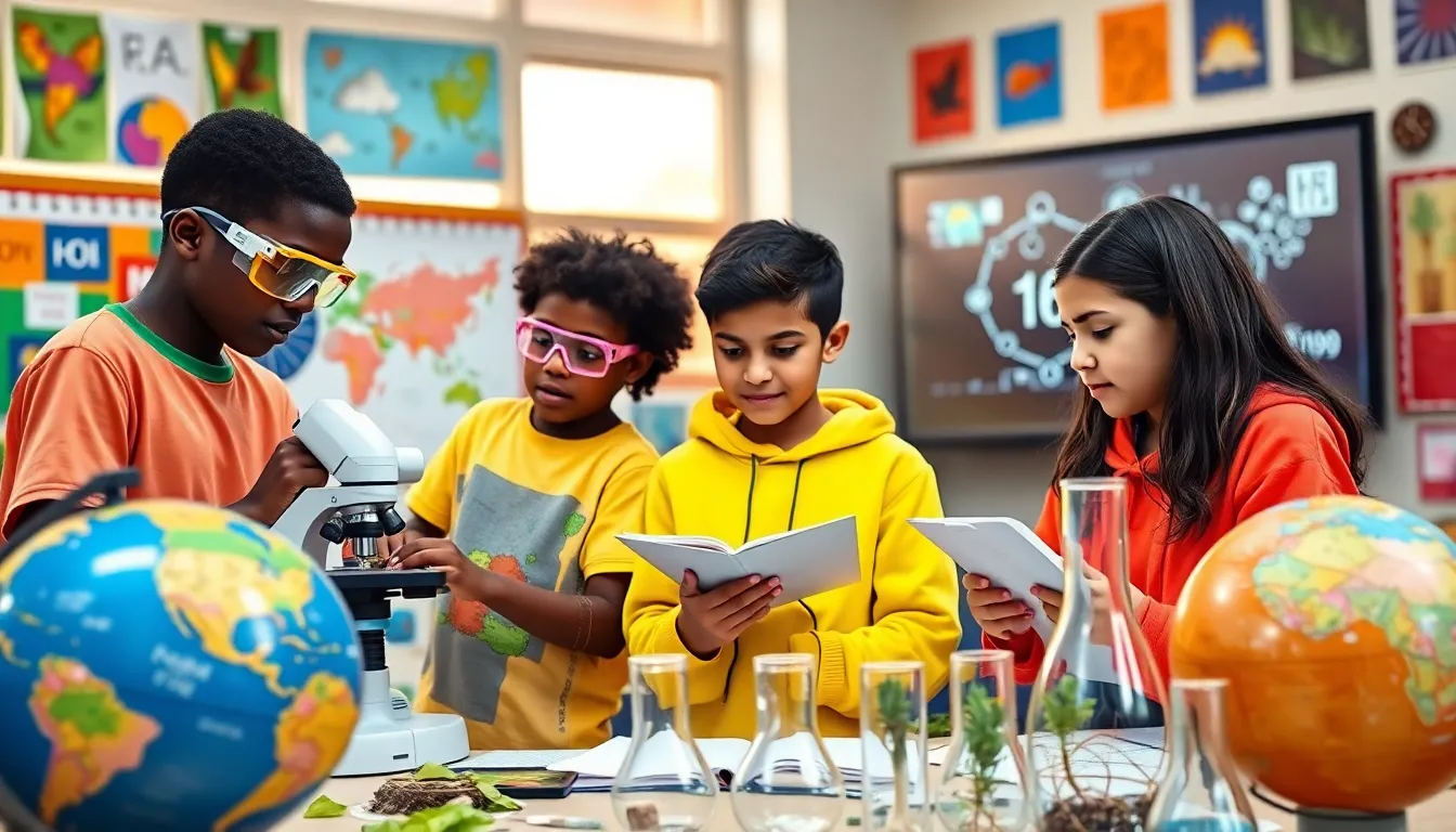 students collaborating on a science project in a colorful classroom.