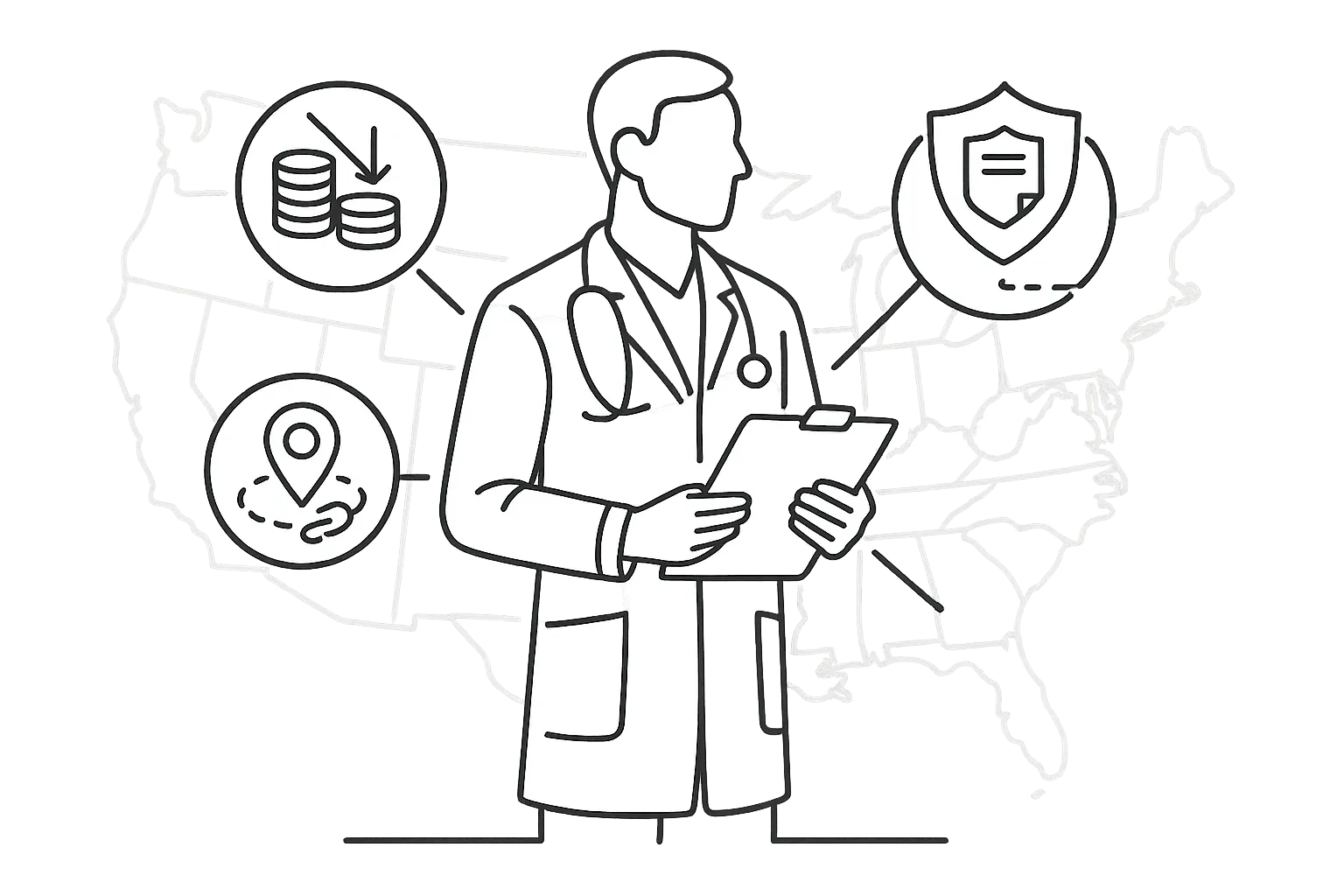 Line art veterinarian with icons for income, insurance tail, and job mobility limits.