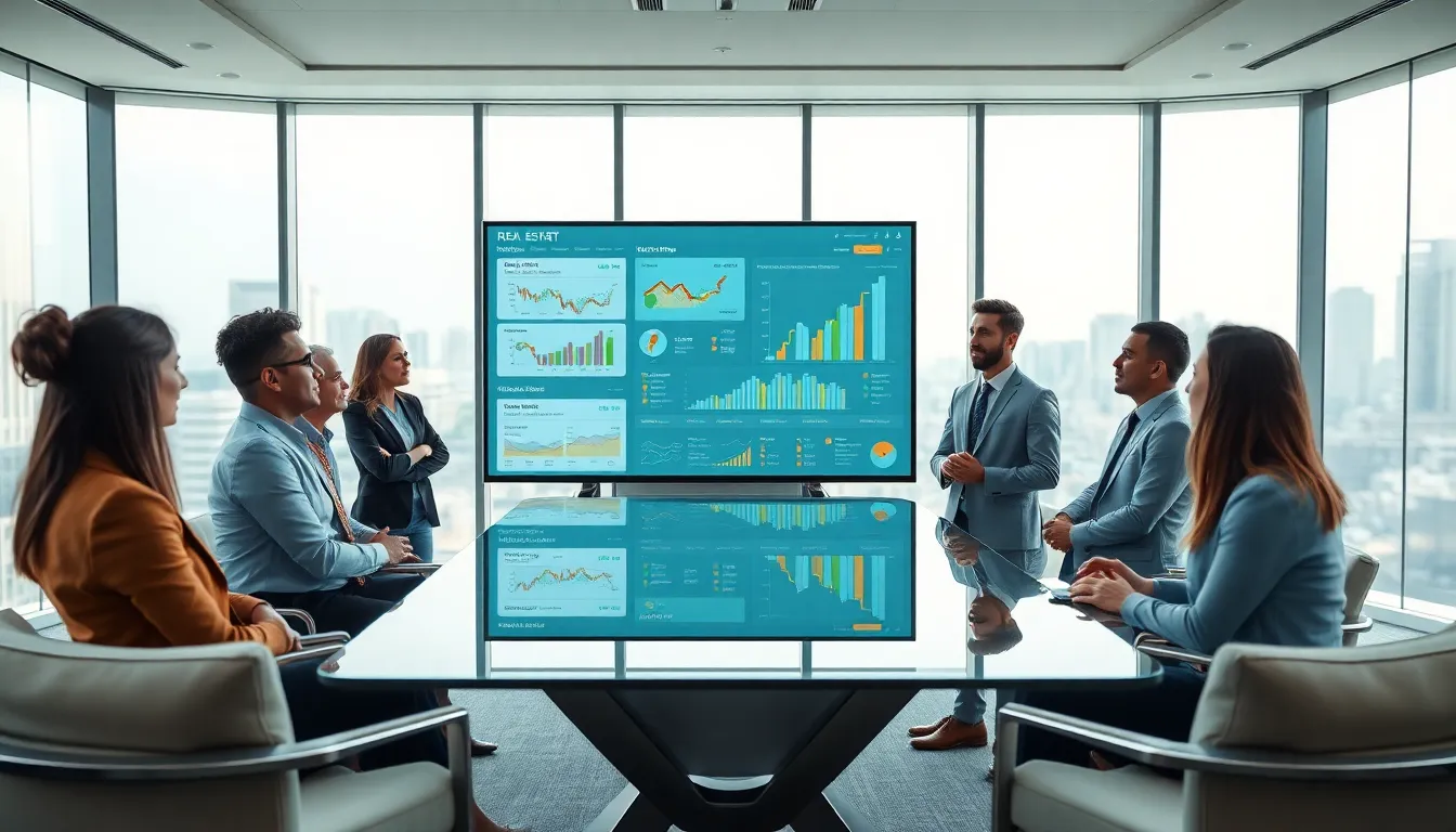 diverse team discussing real estate in a modern office setting.