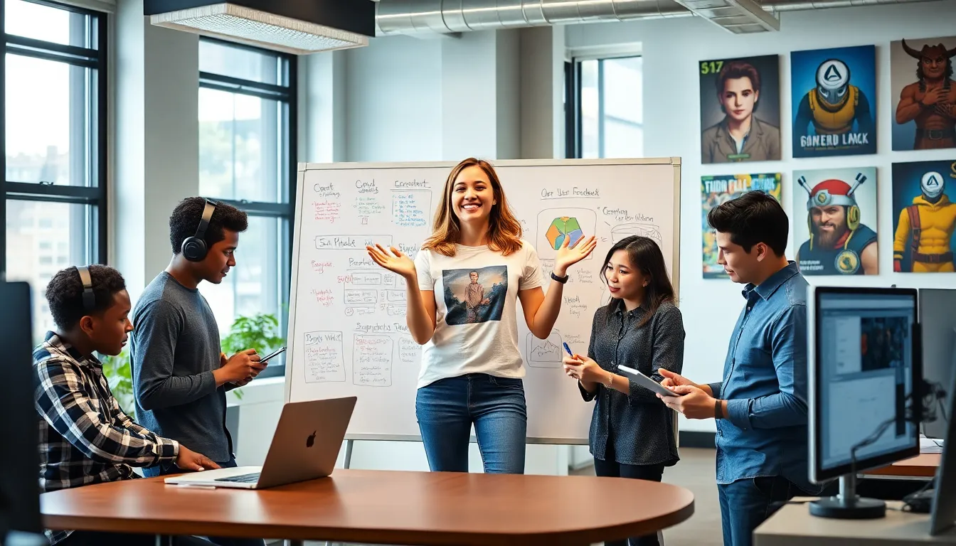 a diverse team brainstorming game designs in a modern office.