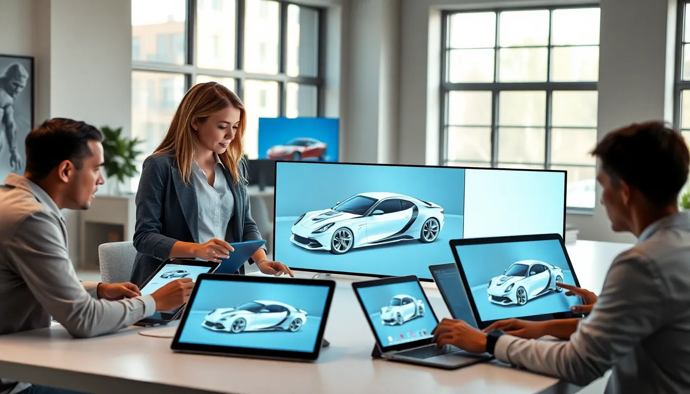 diverse automotive designers collaborating in a modern workspace.
