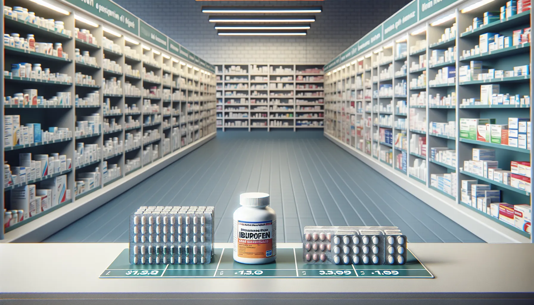 A bottle of Tylenol and a box of Advil on a pharmacy counter.