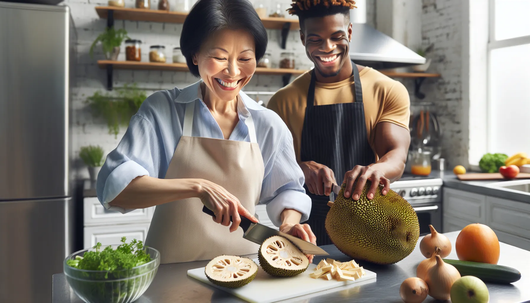 professionals preparing dishes with jackfruit in a modern kitchen.