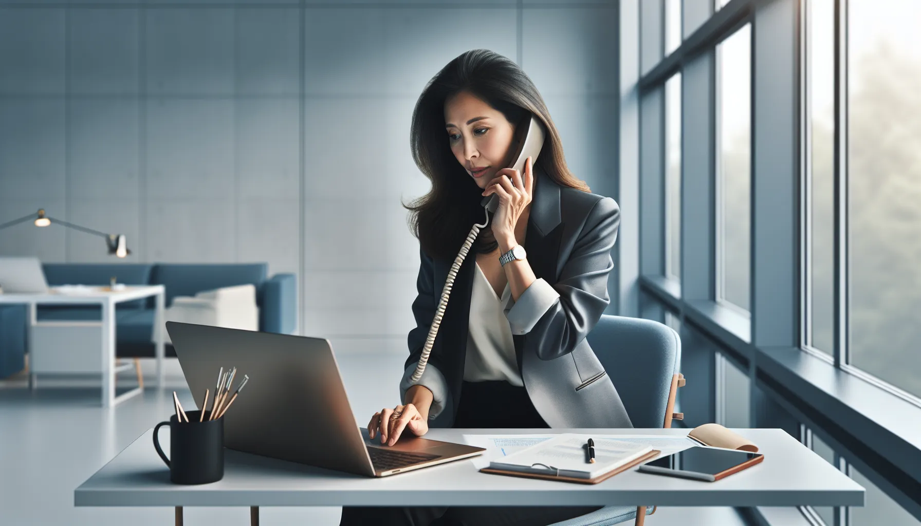 professional reviewing information while on a call in a modern office.