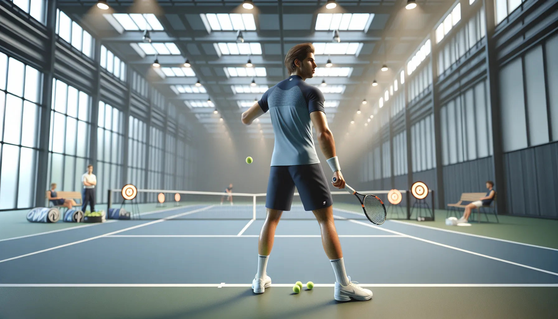 Norwegian tennis player practicing controlled serves at targets on an indoor court.