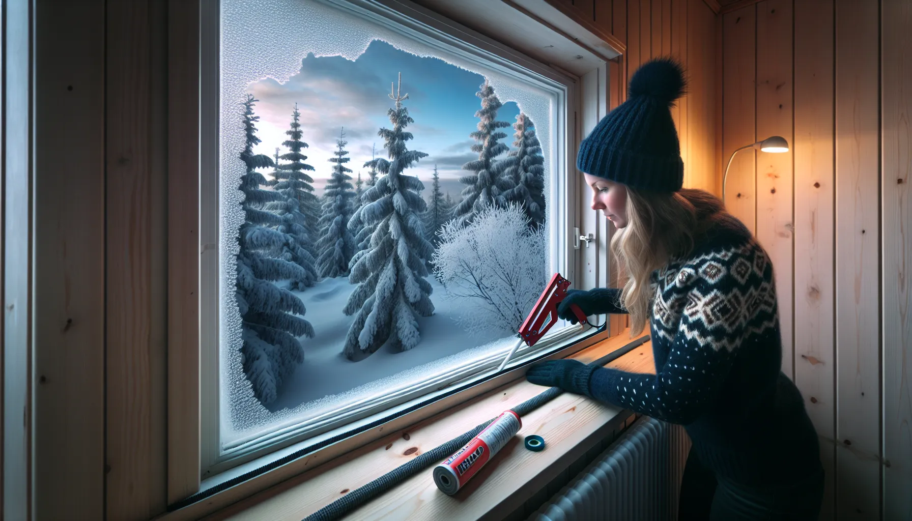 Norwegian woman sealing a drafty window on a snowy winter afternoon.