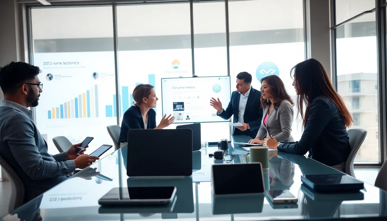 diverse PR team strategizing in a modern office.
