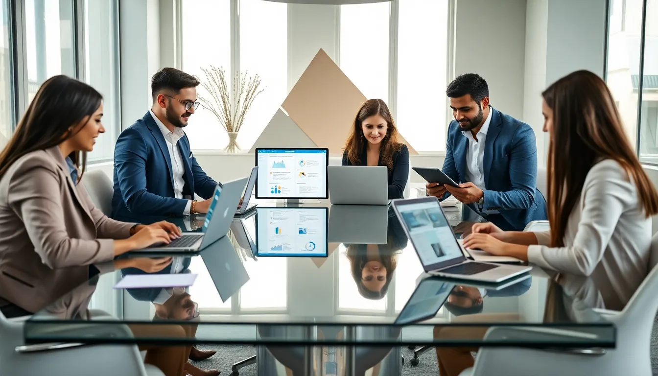 diverse professionals collaborating in a modern office using Cyroket2585 Online.