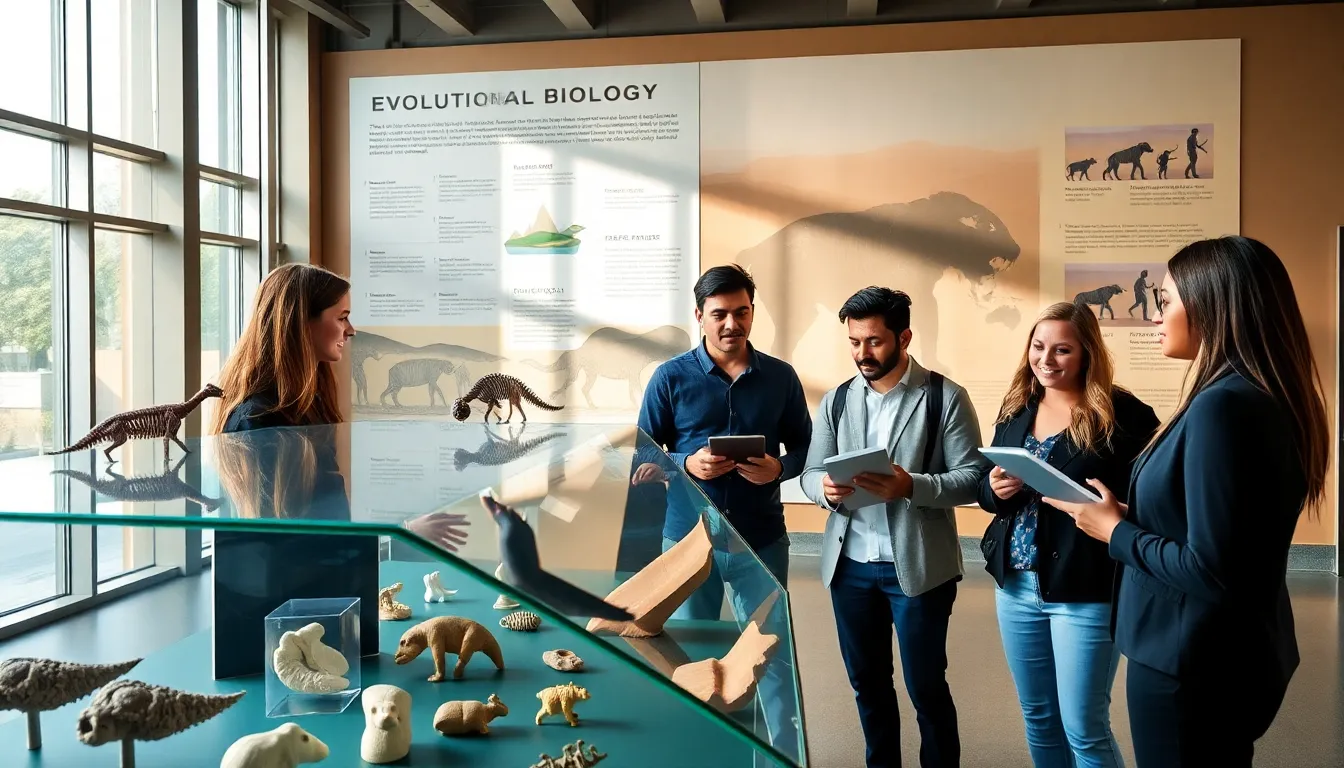 professionals discussing an evolution exhibit in a modern science museum.