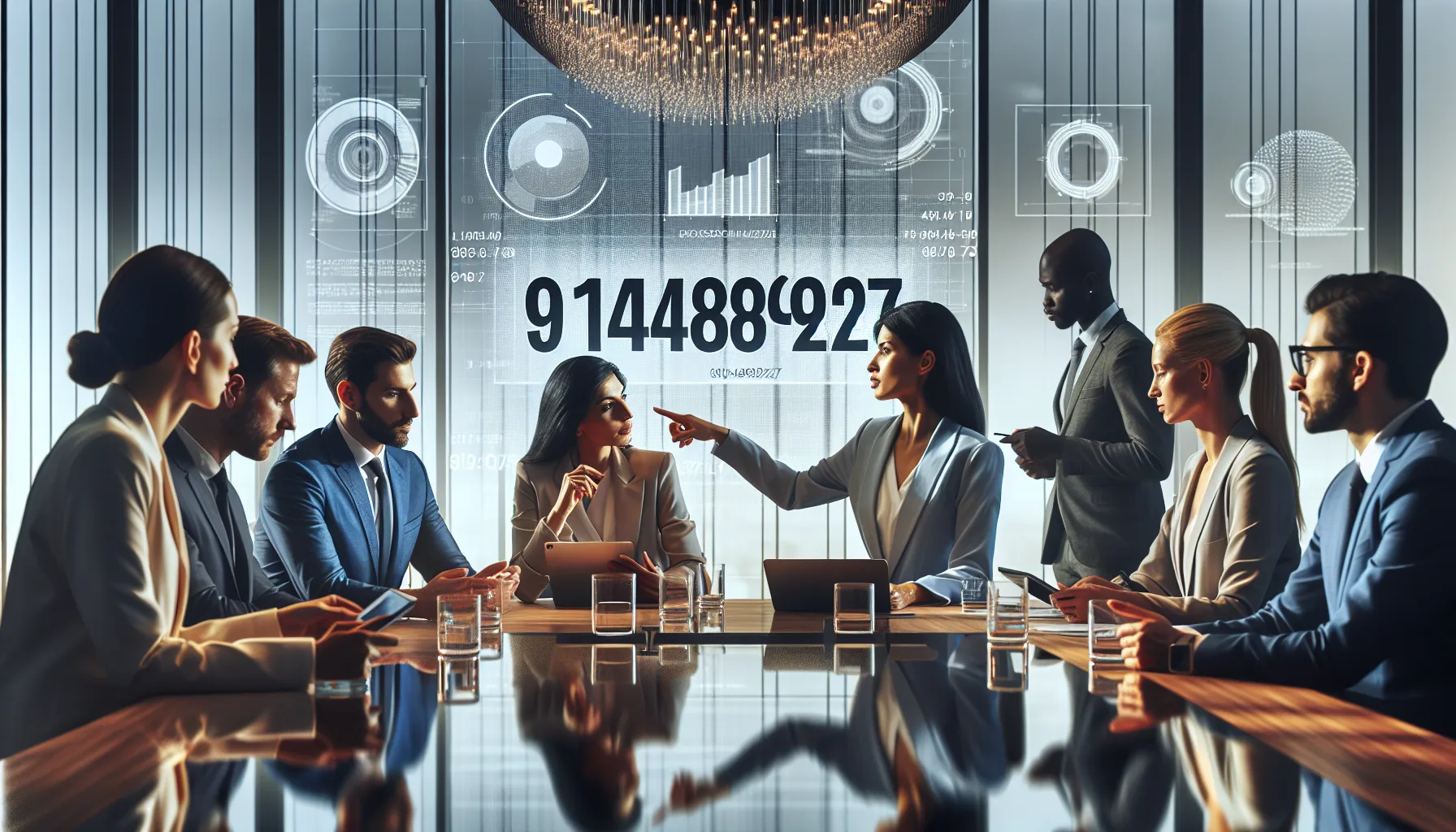 a diverse team discussing the significance of the number 9104894927 in an office.
