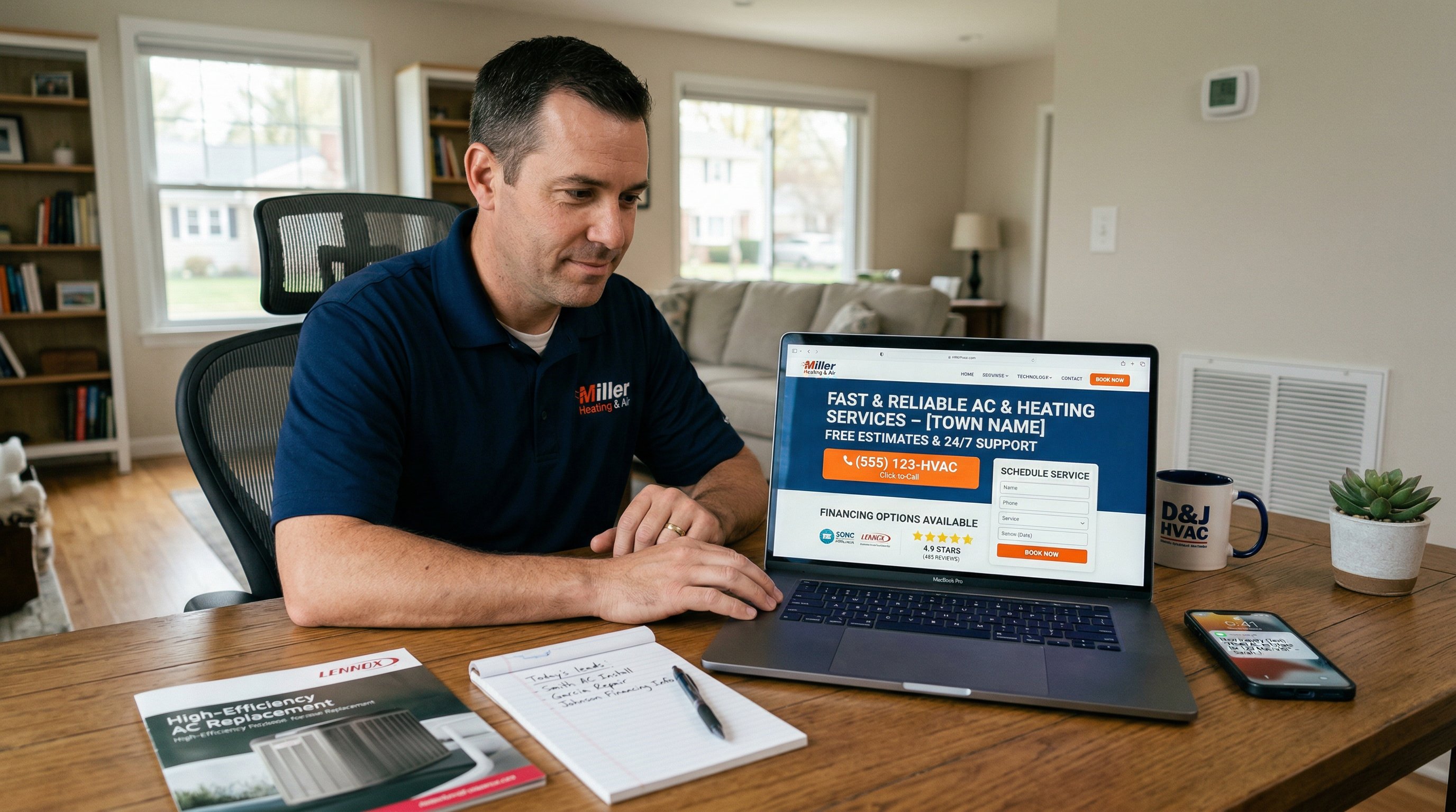 HVAC business owner reviewing a lead-generating website with booking and financing options.
