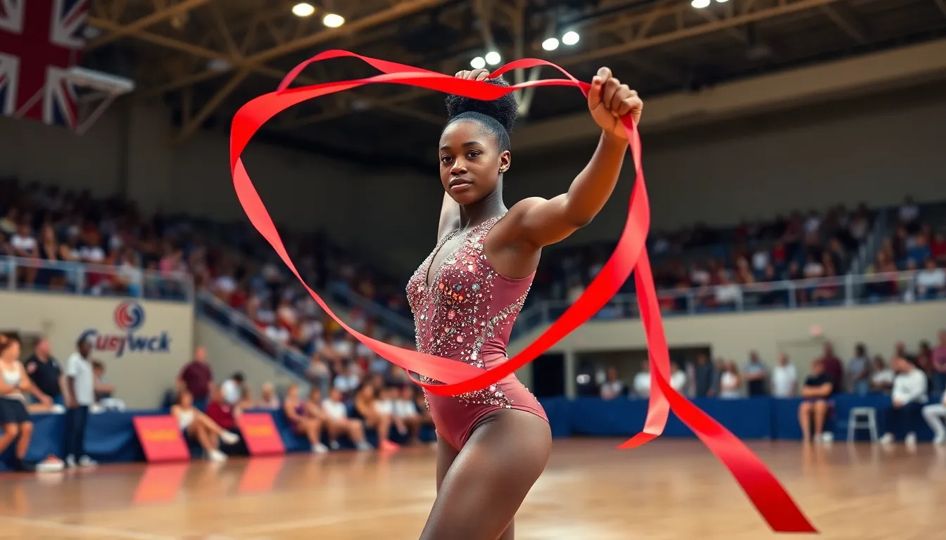 A young rhythmic gymnast performs with a red ribbon in a lively gymnasium.