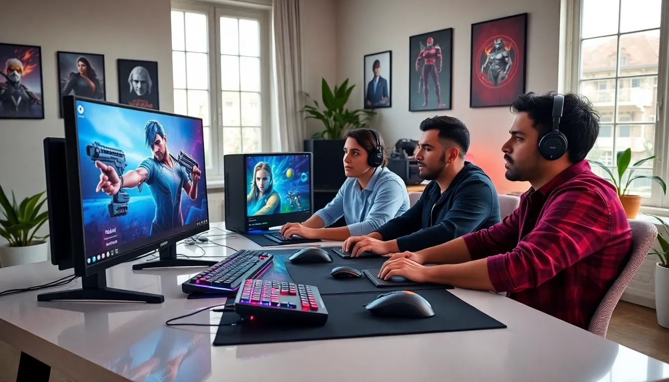 professionals optimizing a gaming PC in a modern workspace.