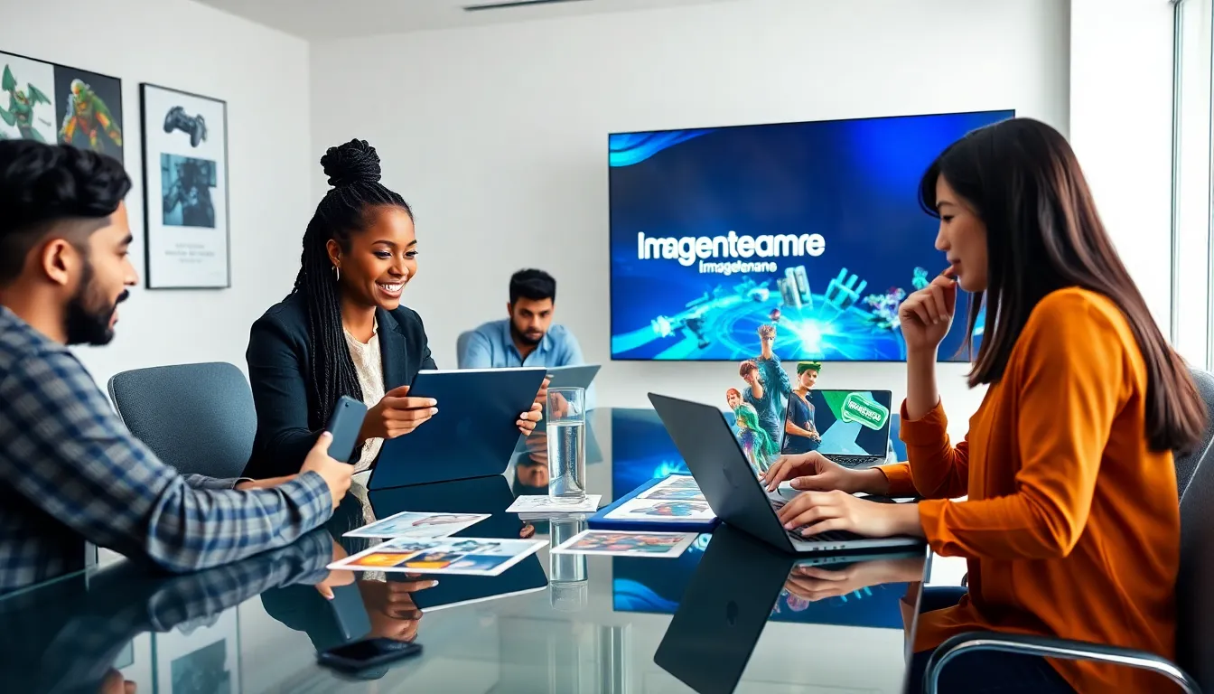 diverse team collaborating on game design in a modern office.