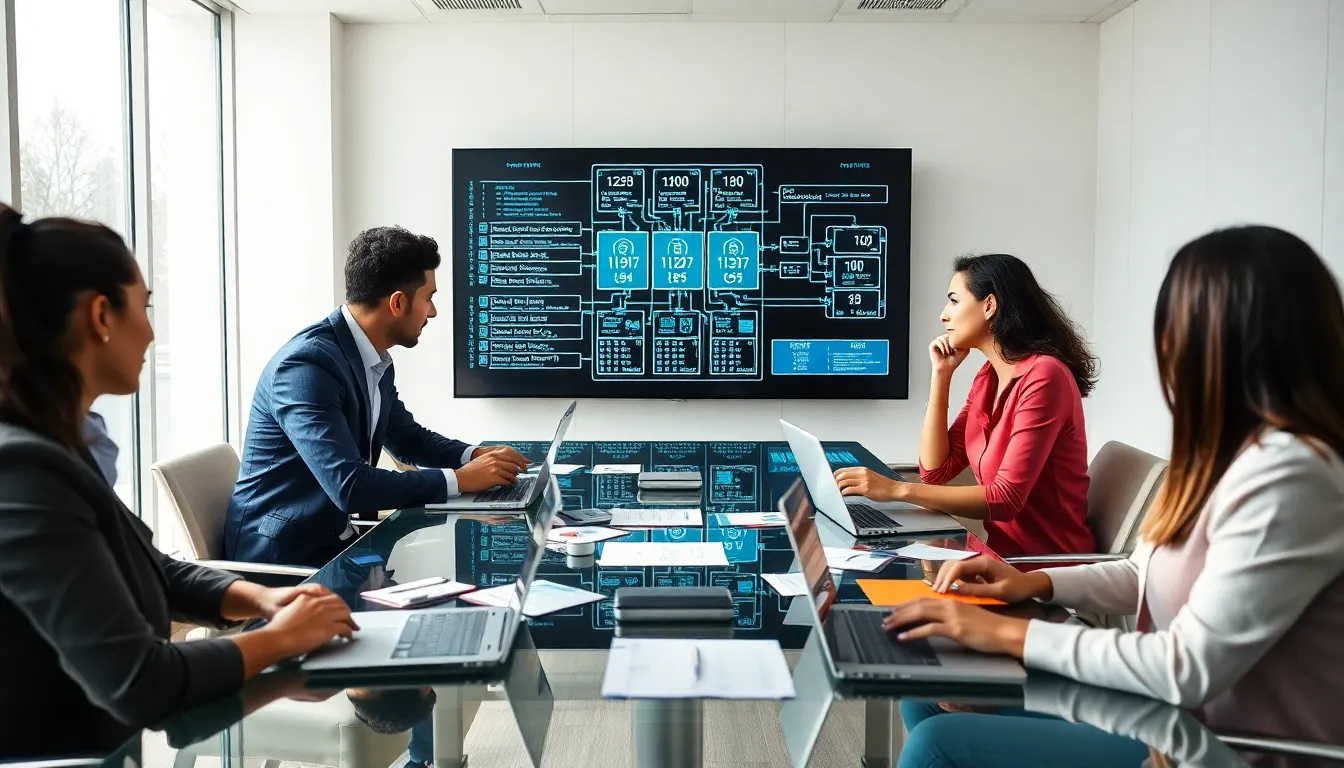 IT professionals collaborating on network technology in a modern office.