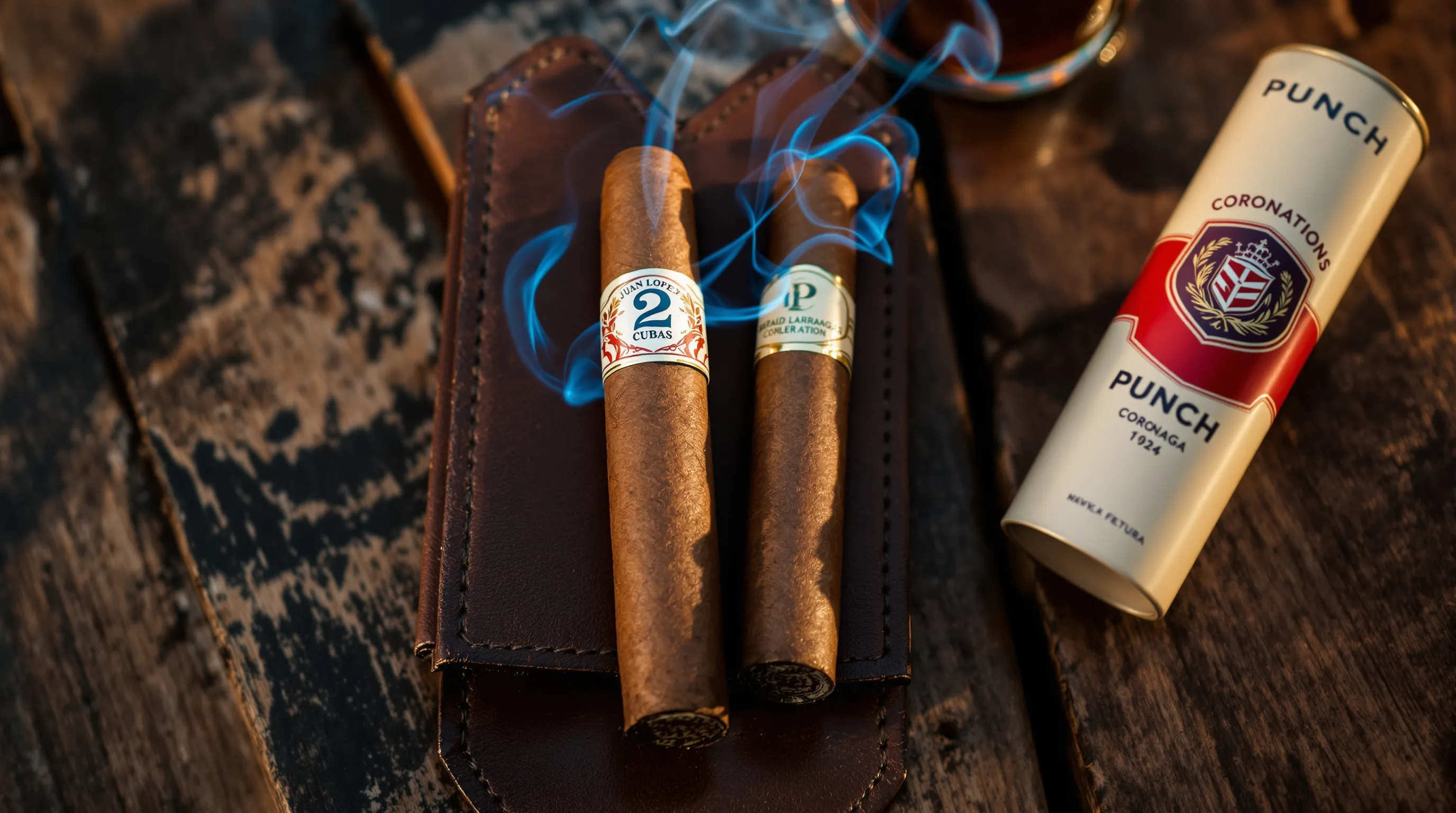 Four Cuban cigars on a UK pub table with a pint at dusk.