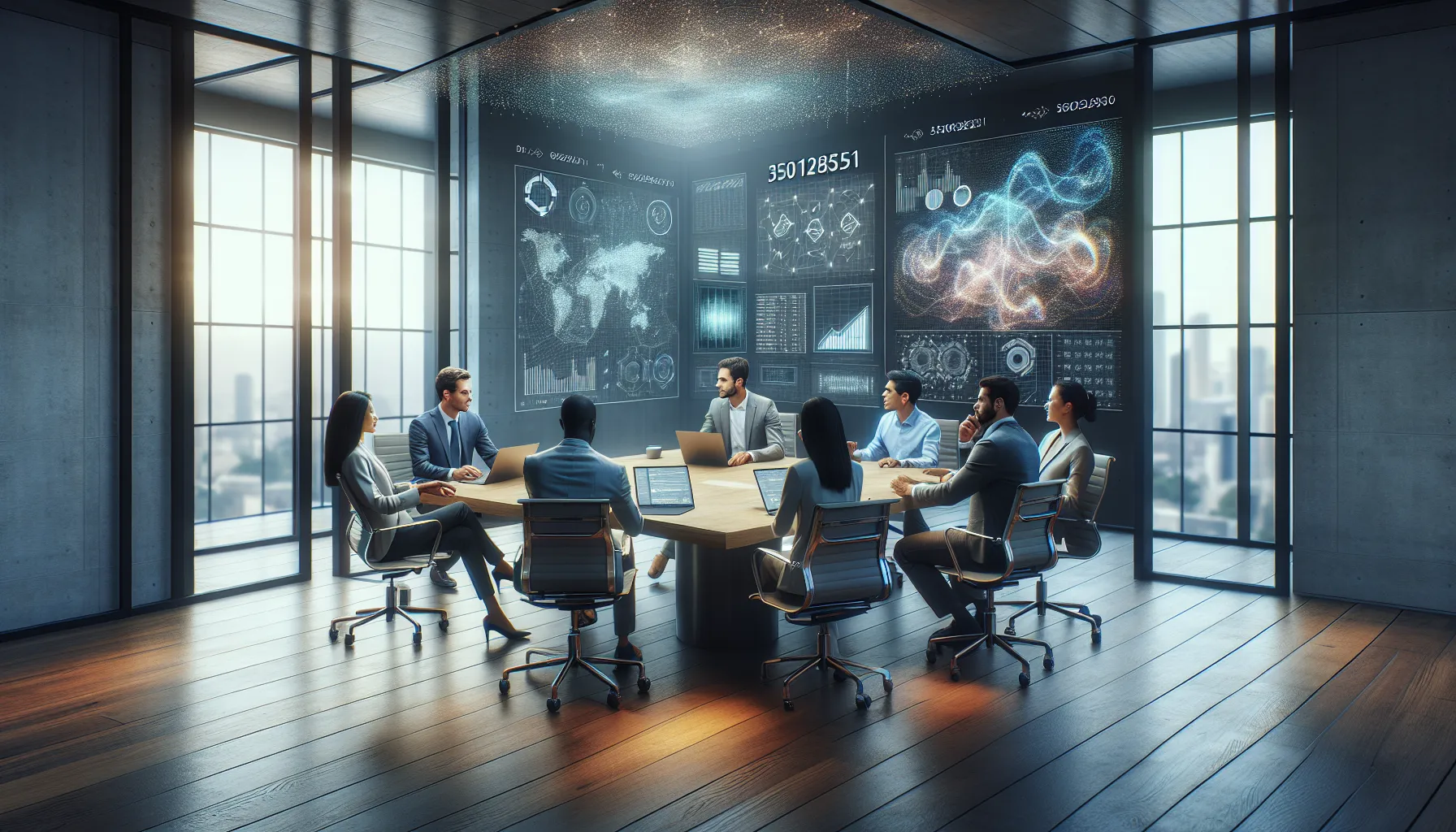 diverse team collaborating in a modern office setting with digital displays.