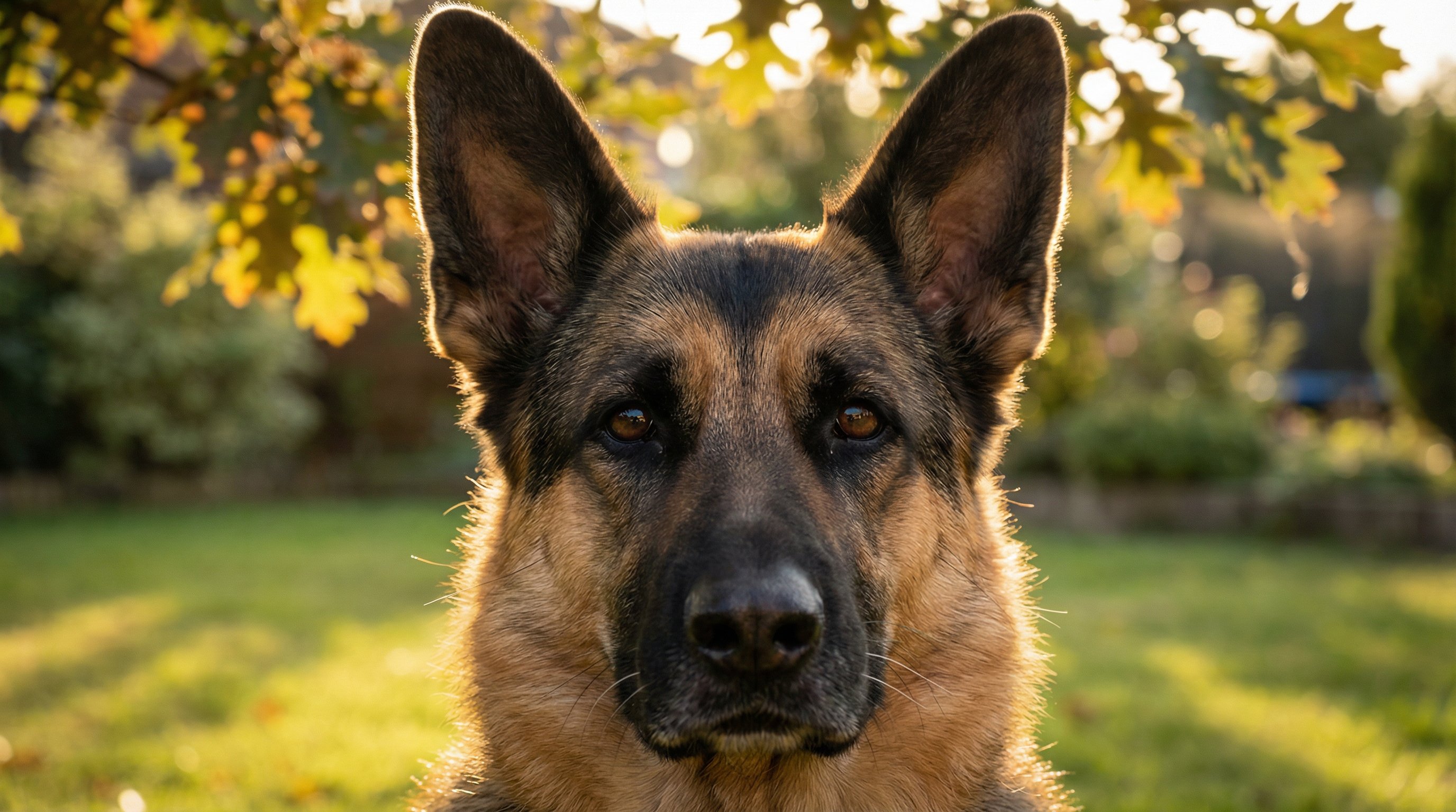 Close-up portrait of a German Shepherd with alert ears in golden sunlight.