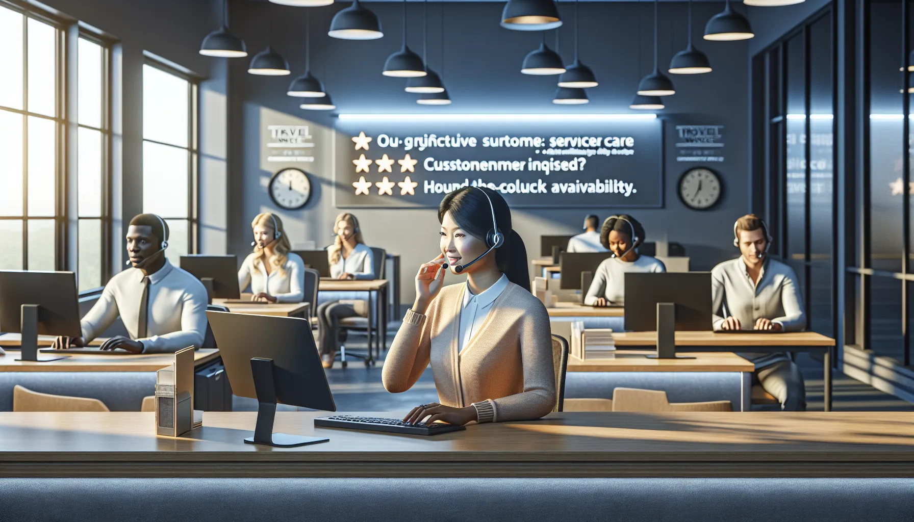 diverse customer service team assisting clients in a modern office.