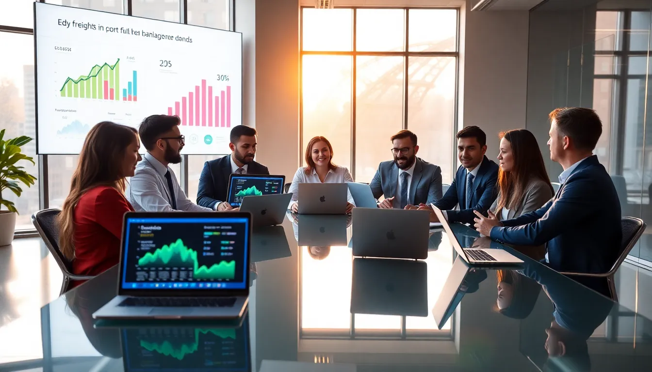 diverse team discussing freight brokerage trends in a modern office.