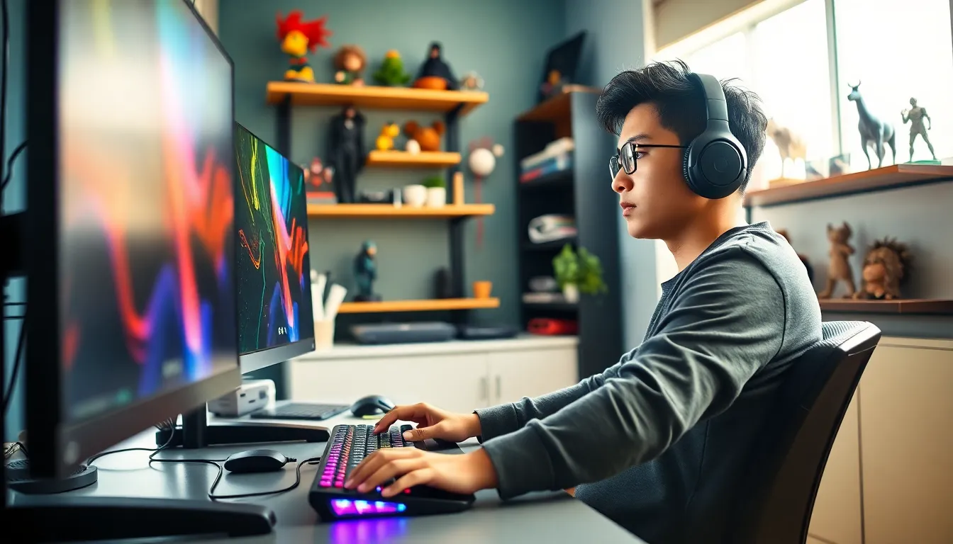a young gamer focused on his computer in a colorful home office.