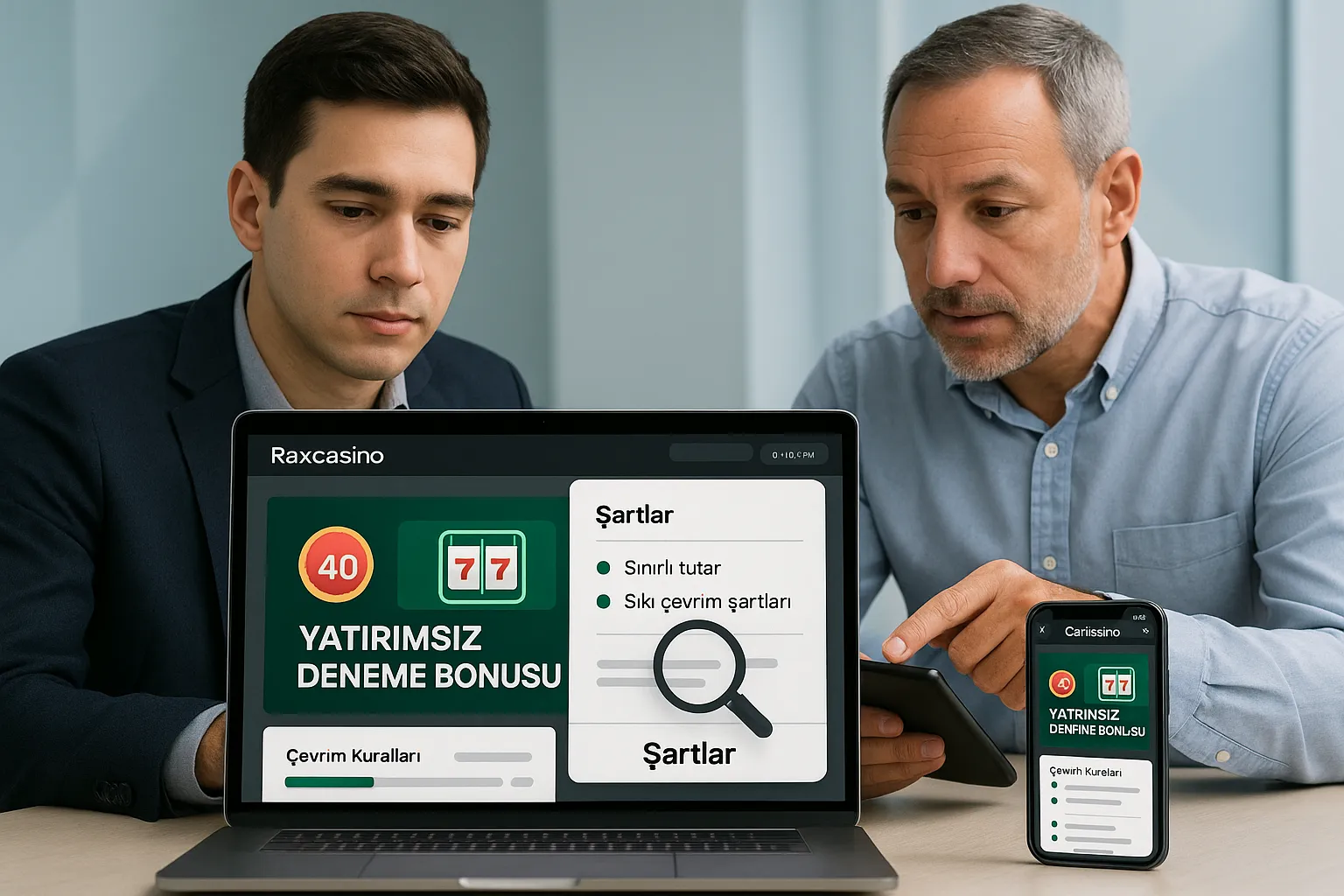 Laptop and phone showing Raxcasino no-deposit bonus details