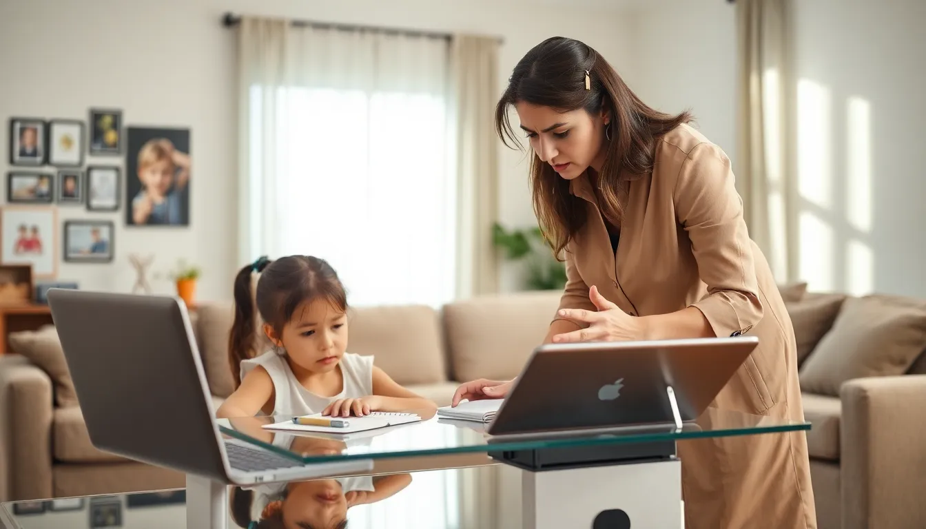 mother helping daughter with homework in a cozy living room.