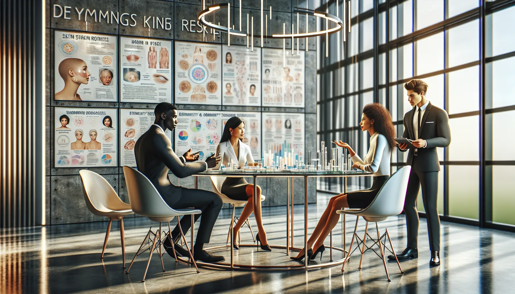 diverse team discussing skincare solutions in a modern office.