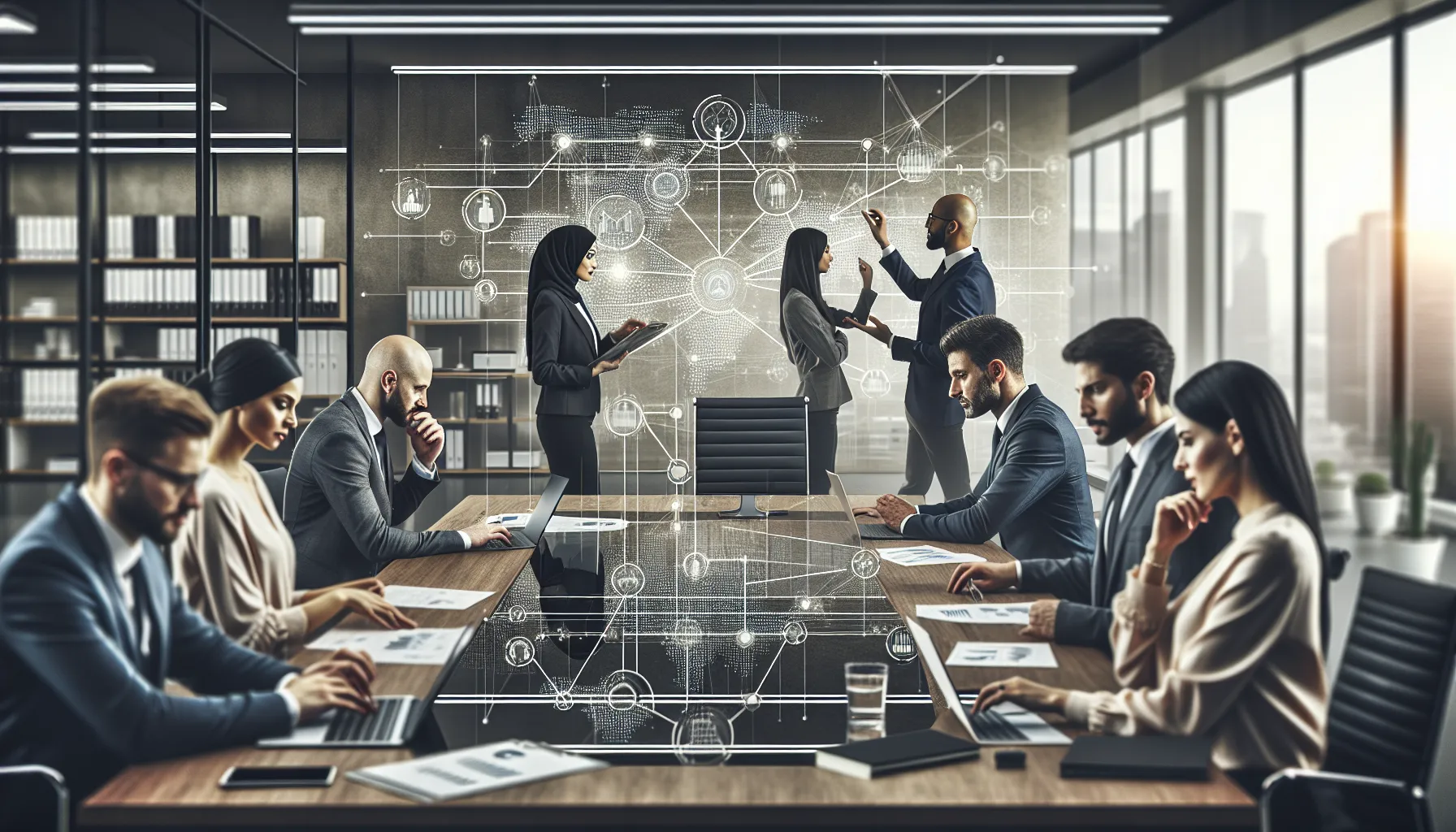 diverse team discussing data management in a modern office.