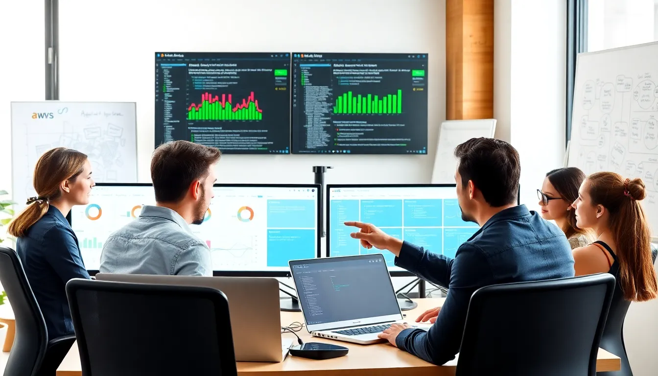 diverse team collaborating on AWS PaaS applications in a modern office.