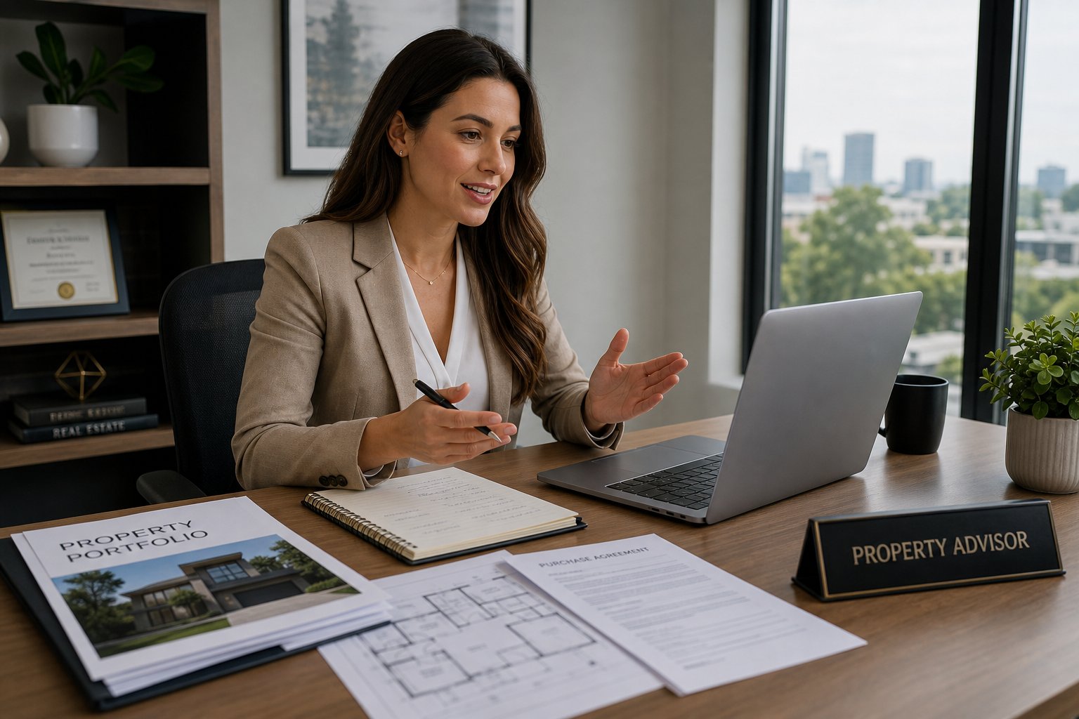 Commercial Mortgage Broker Stockport - Purchase and Refi 14 Commercial mortgage advisor conducting a video consultation at a desk with documents and laptop.