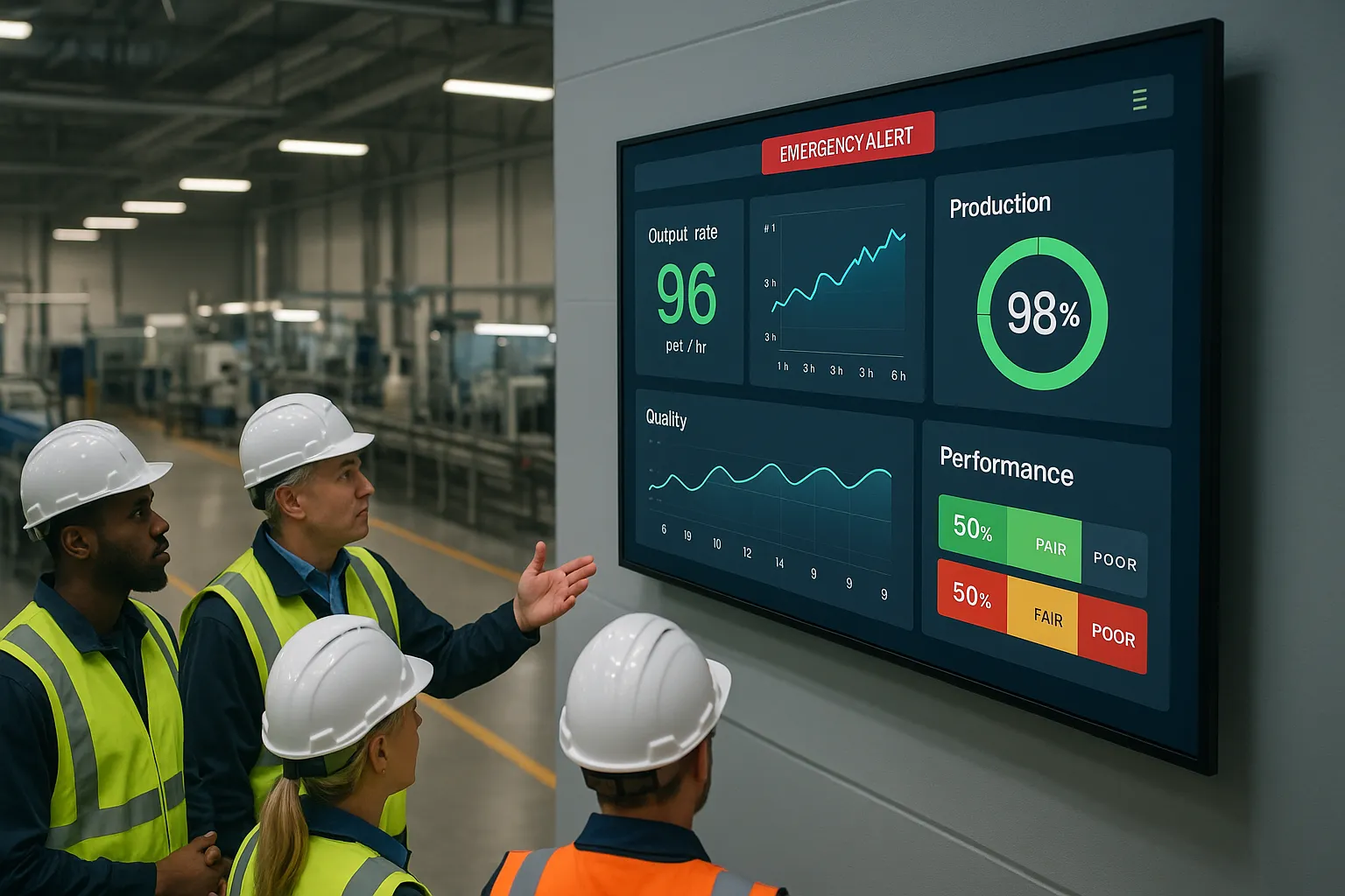 Manufacturing workers viewing digital signage dashboard with real-time performance metrics in a modern factory.