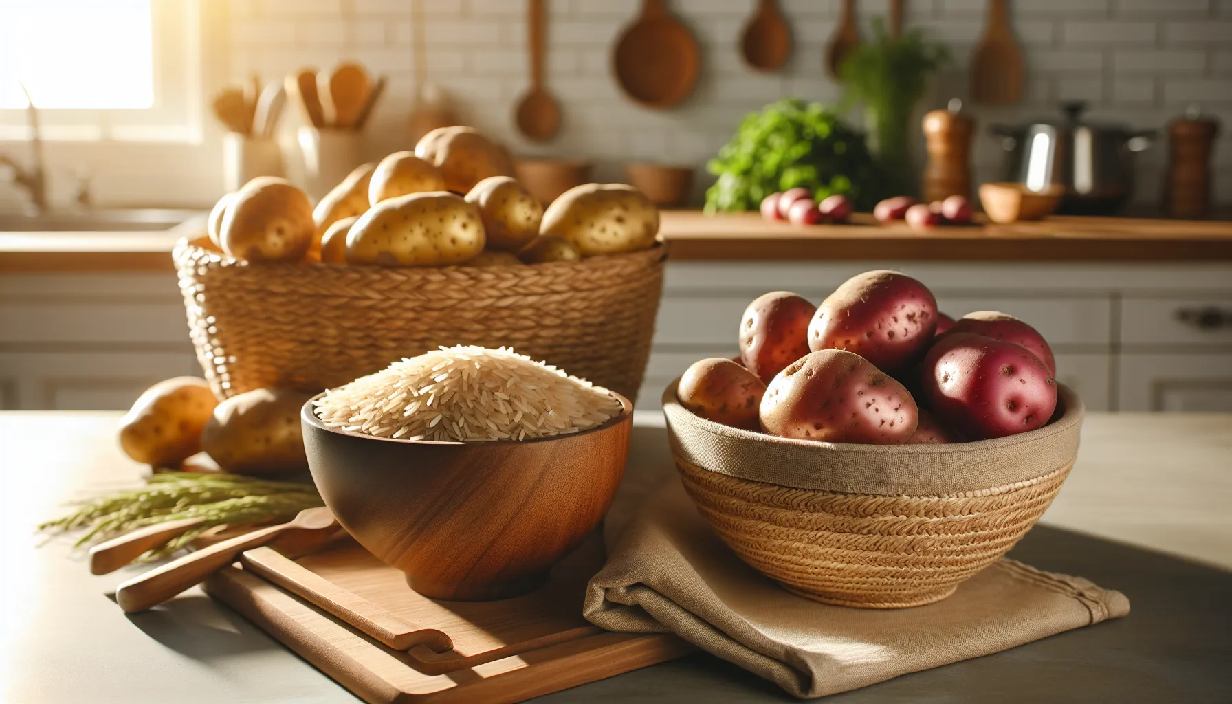 A kitchen scene with a bowl of rice and a basket of potatoes.