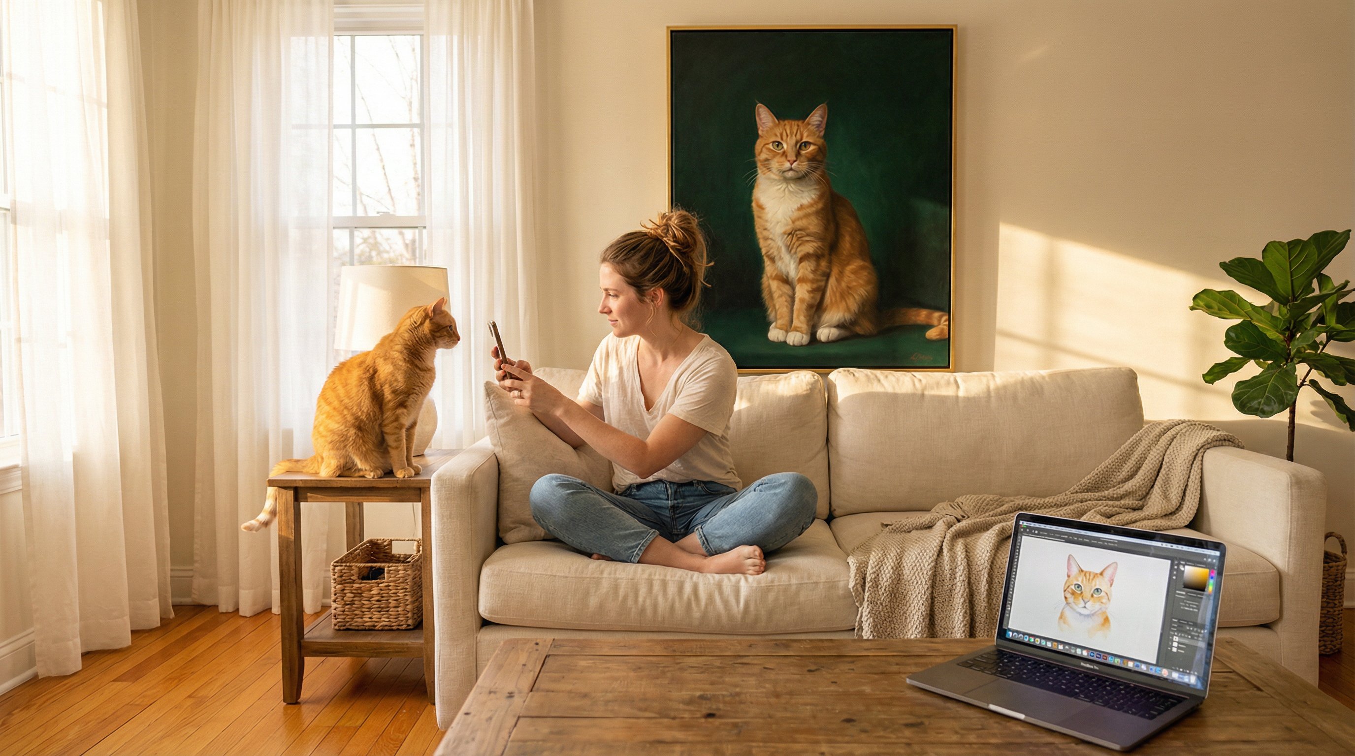 Woman photographing her tabby cat at home with a custom cat painting on the wall.