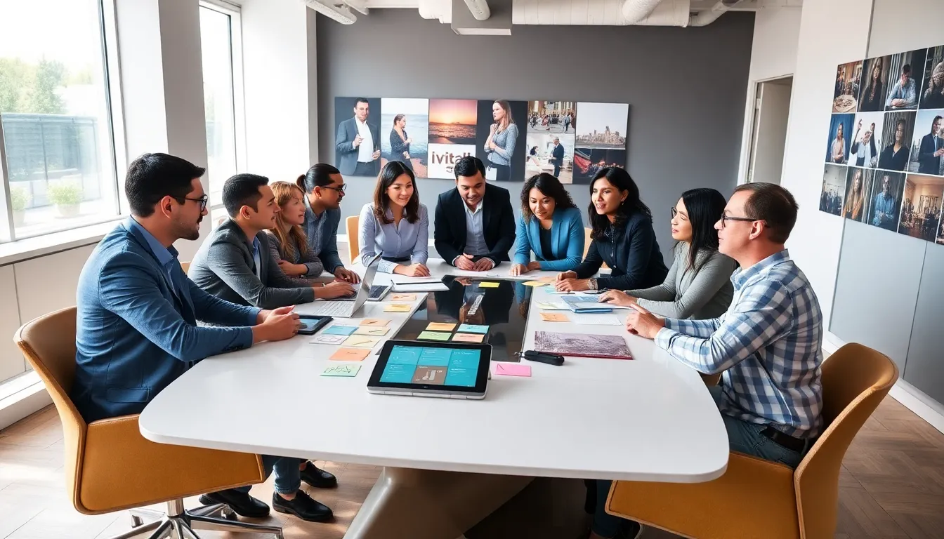 diverse team brainstorming event planning ideas.
