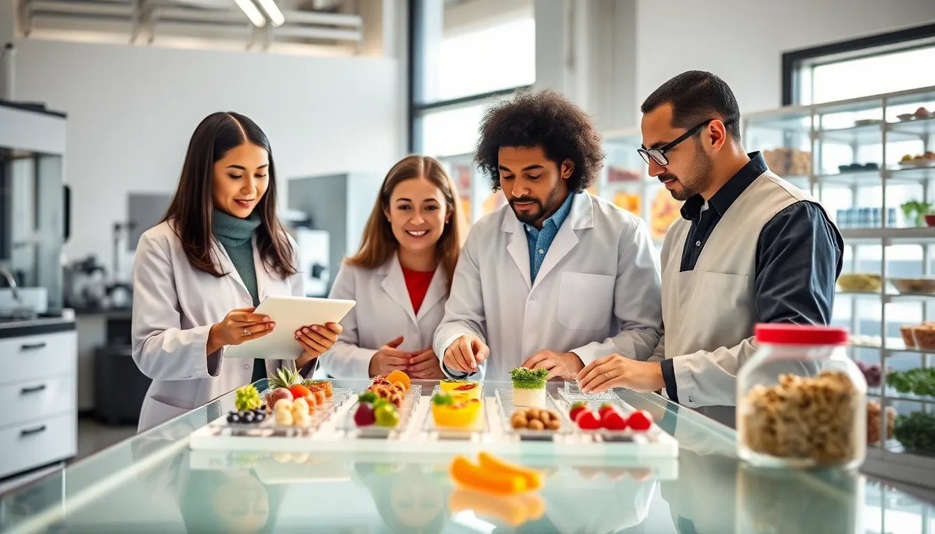 diverse team collaborating in a modern food science laboratory.