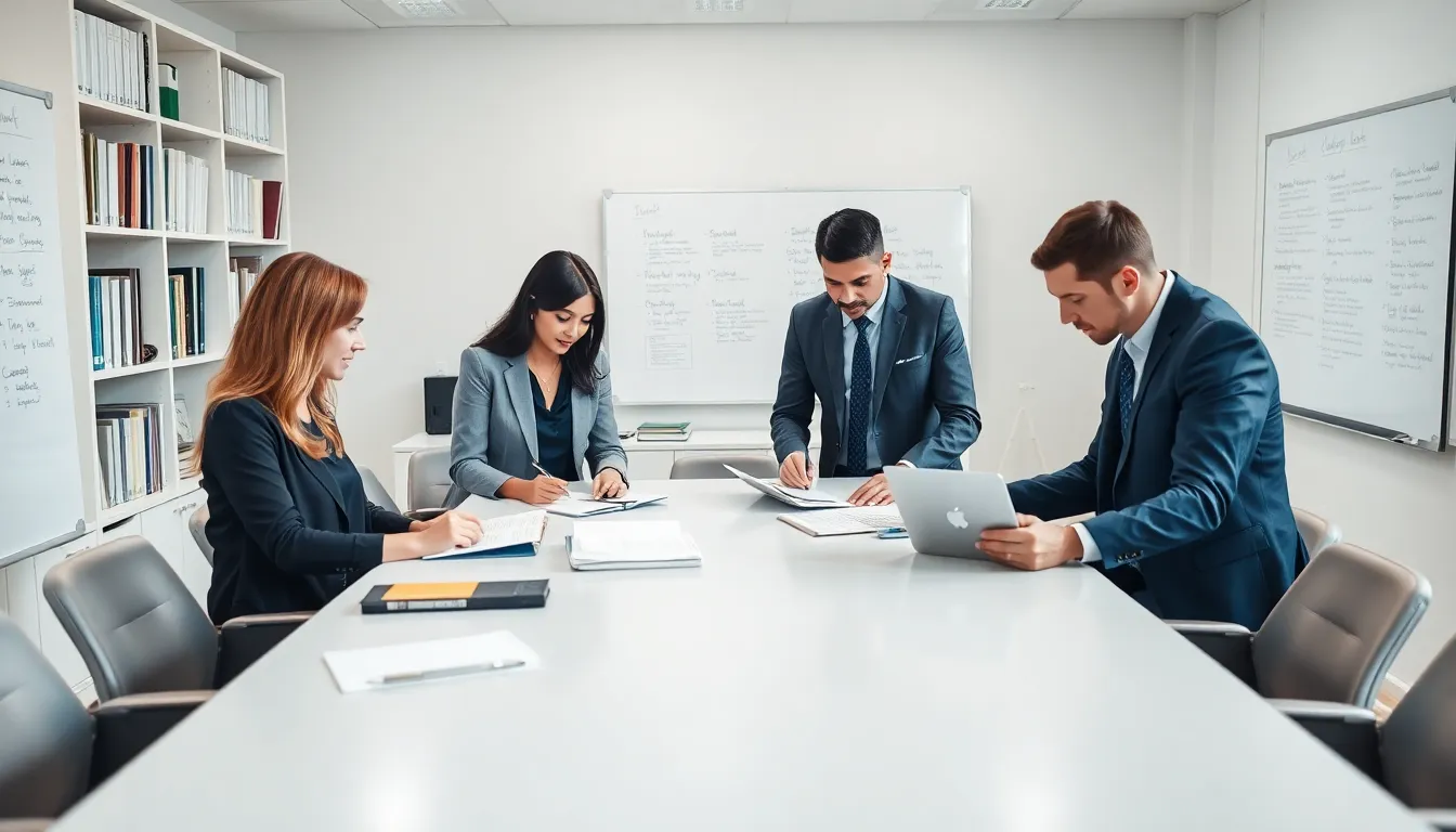 scholars collaborating in a modern academic office setting.