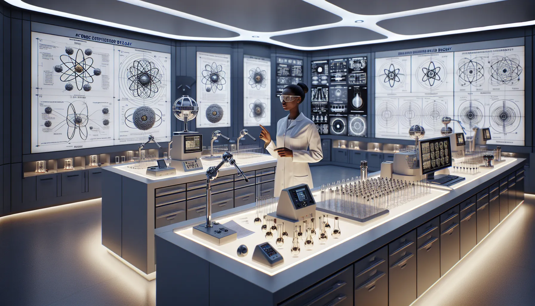 A scientist explaining beta decay with visual aids in a laboratory setting.