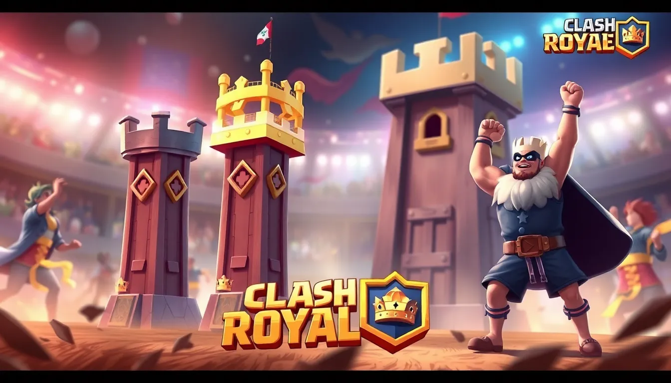 Clash Royale battle scene with Crown and King Towers.
