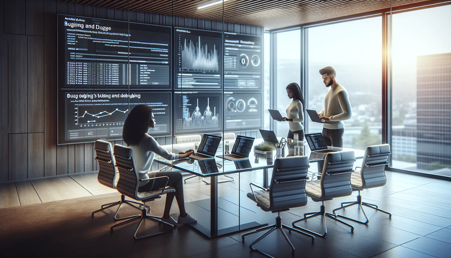diverse team collaborating on bug tracking software in a modern office.