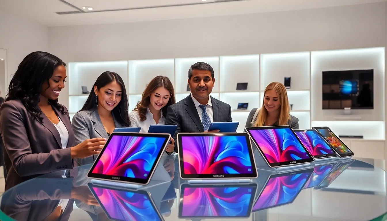 diverse group examining Samsung Galaxy tablets in a modern retail setting.