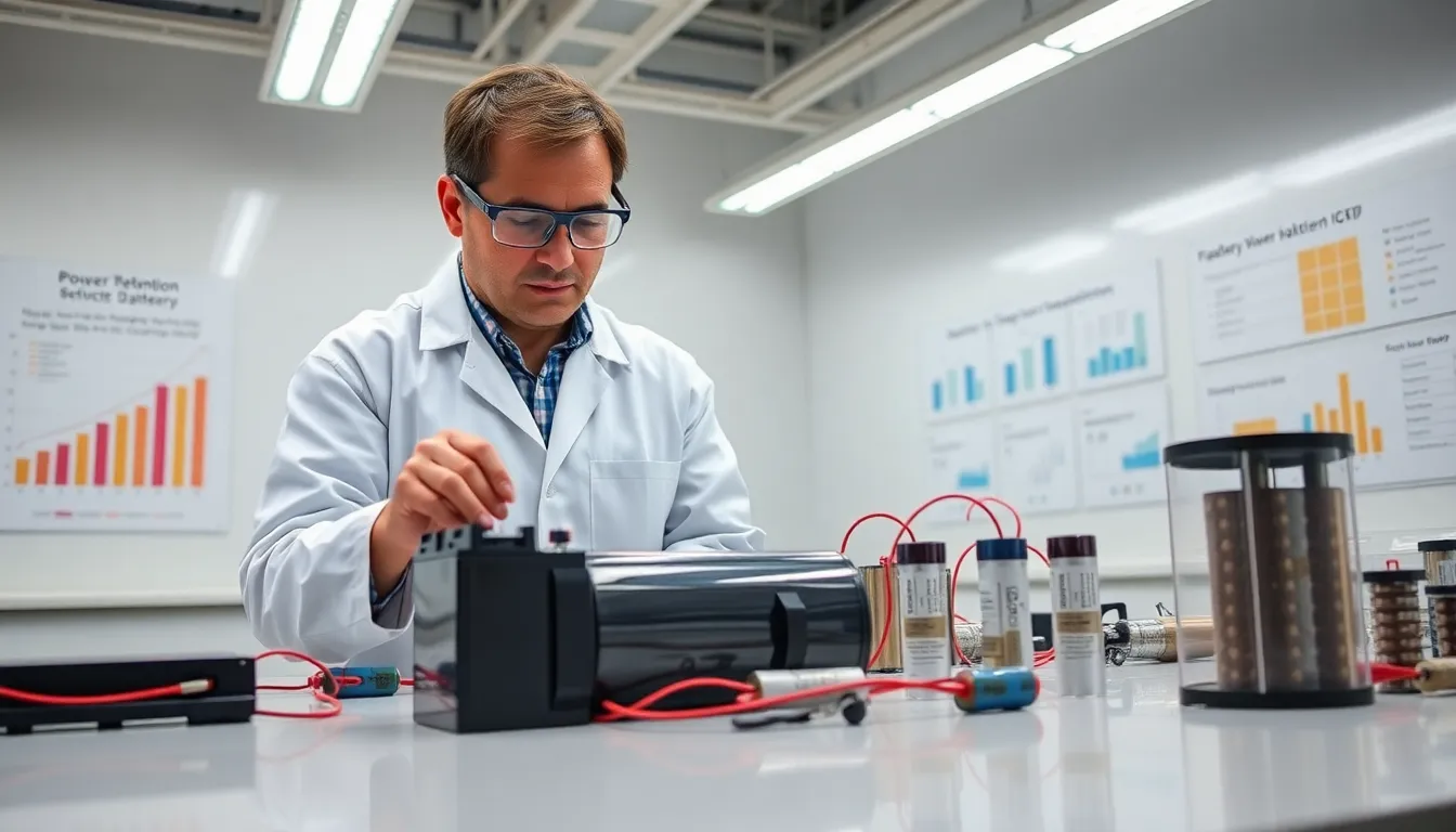 an engineer examining a battery in a modern laboratory setting.