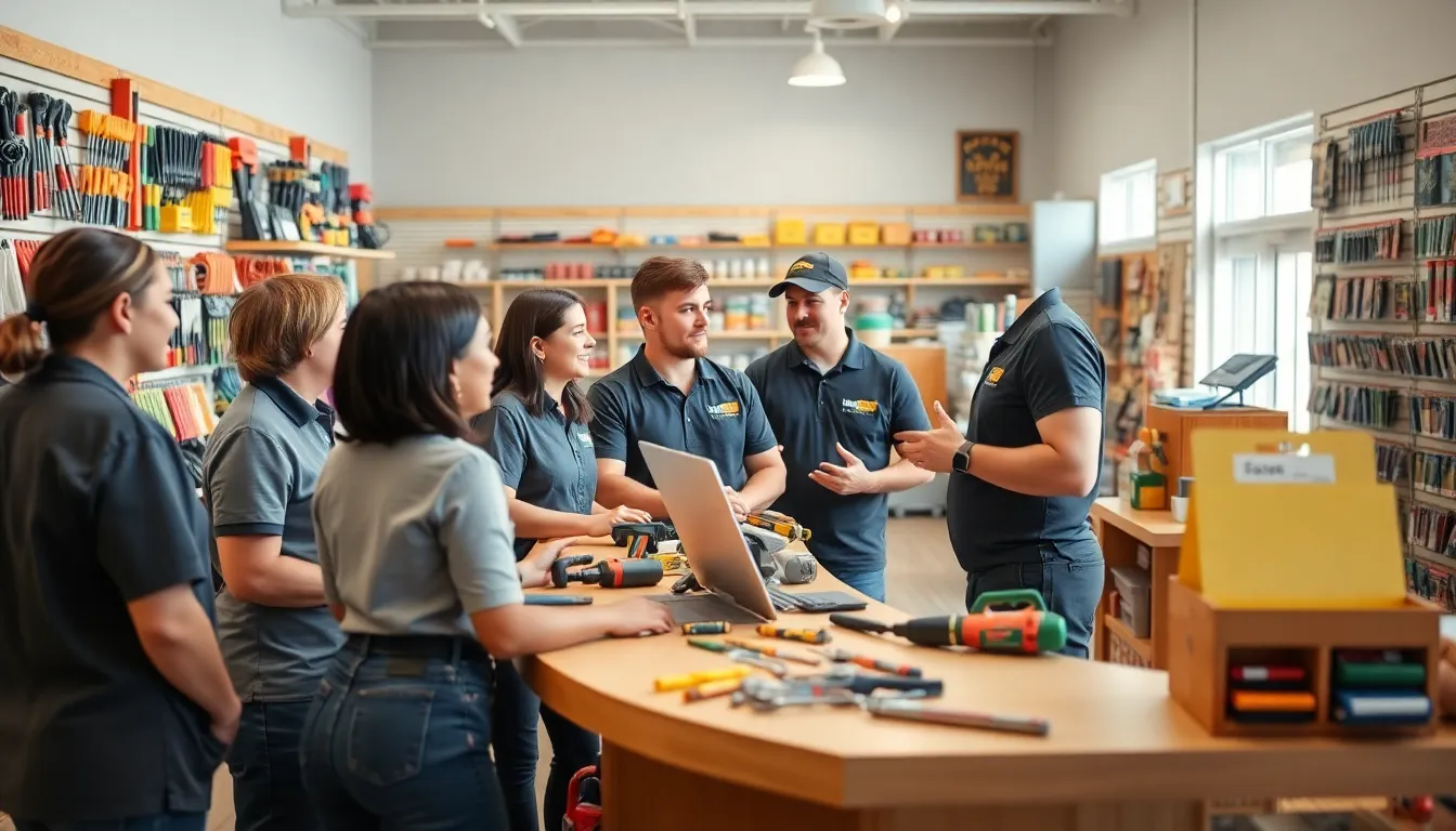 diverse team assisting customers in a friendly hardware store.