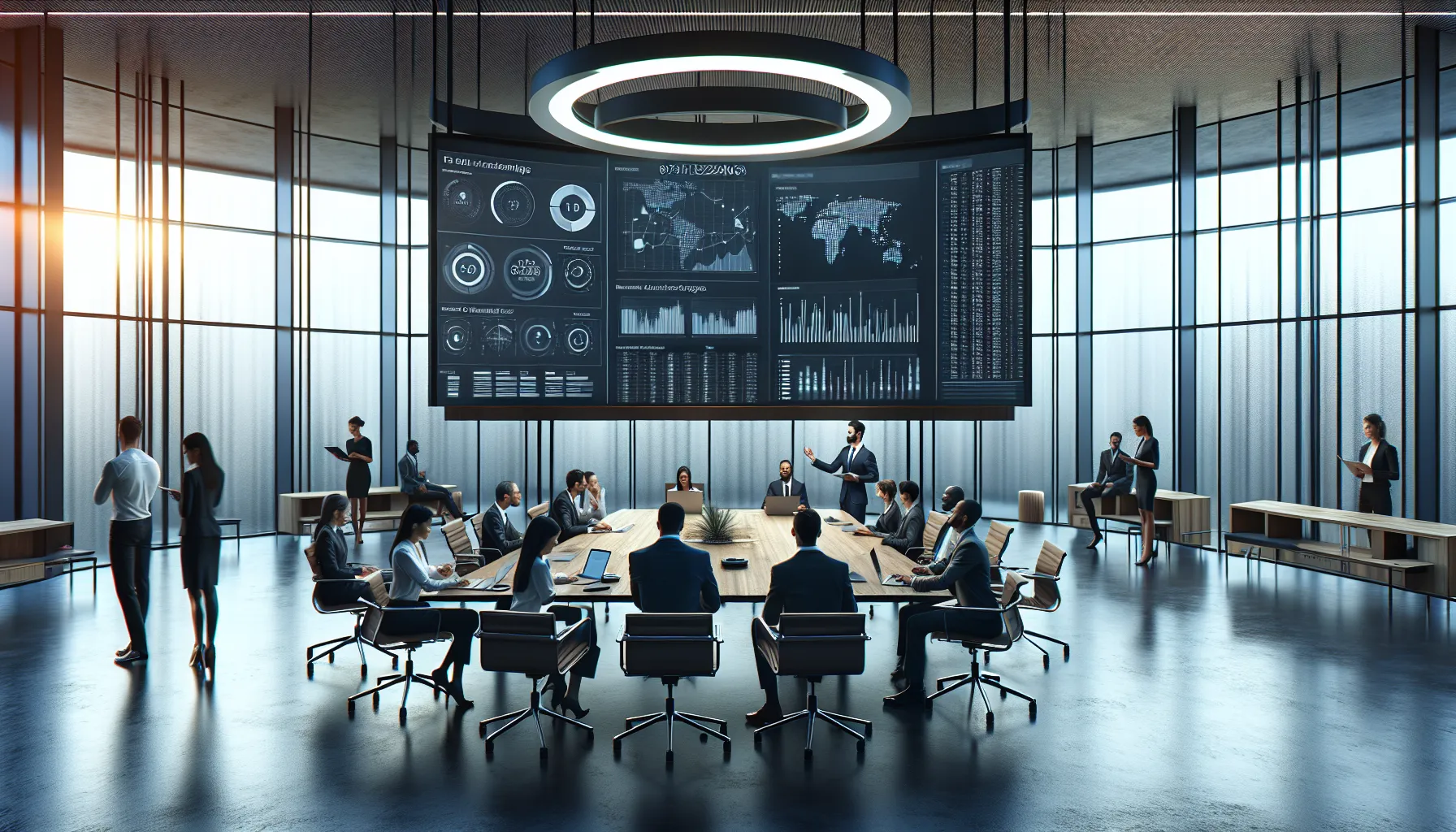 diverse professionals discussing data analysis in a modern office.