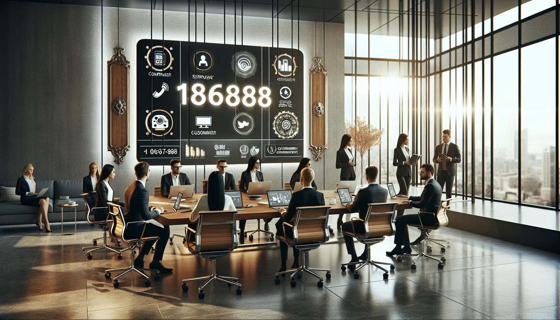 diverse team brainstorming in a modern office with the number 18666883888 displayed.