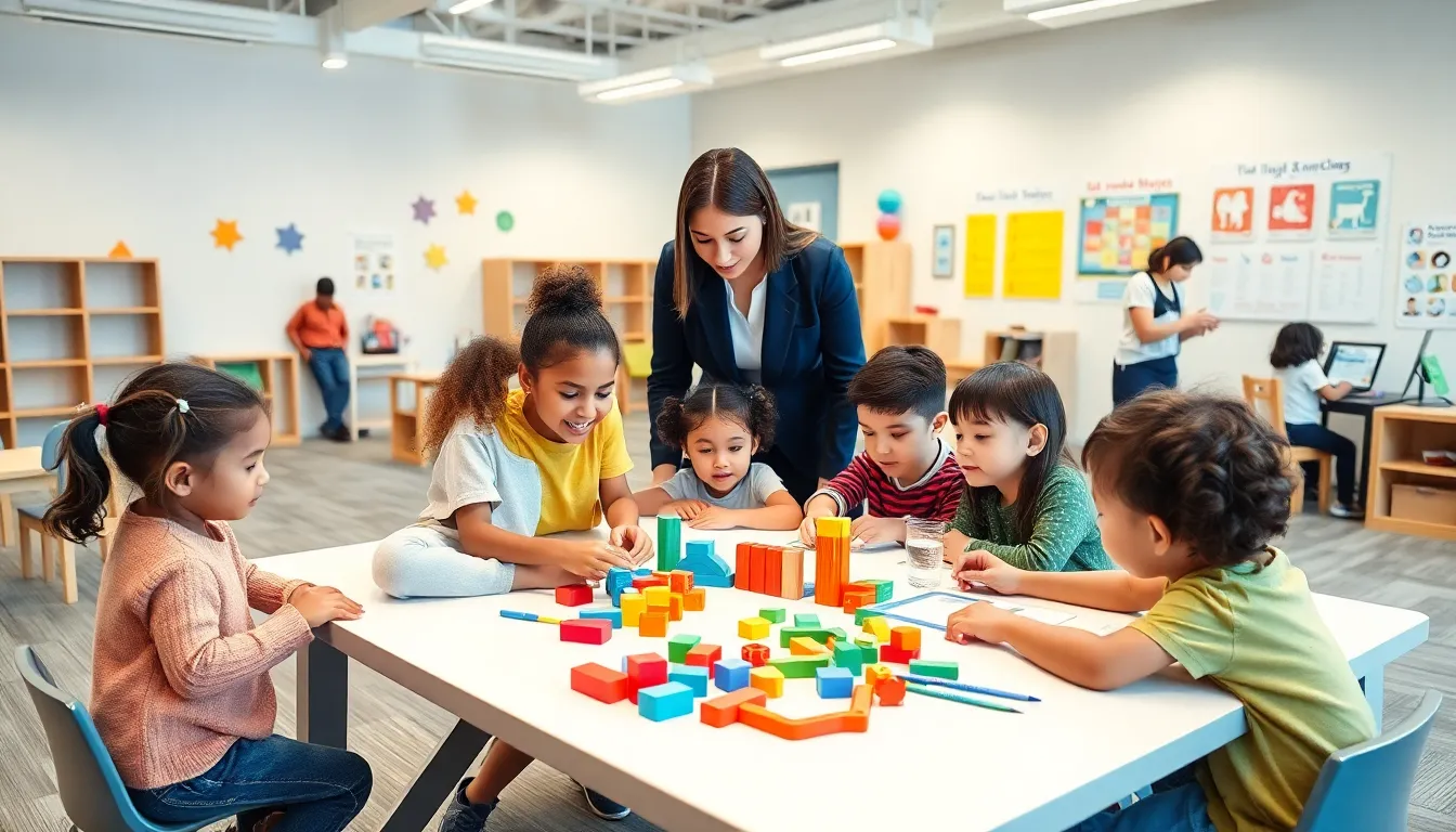 diverse children engaged in learning activities at a child development center.