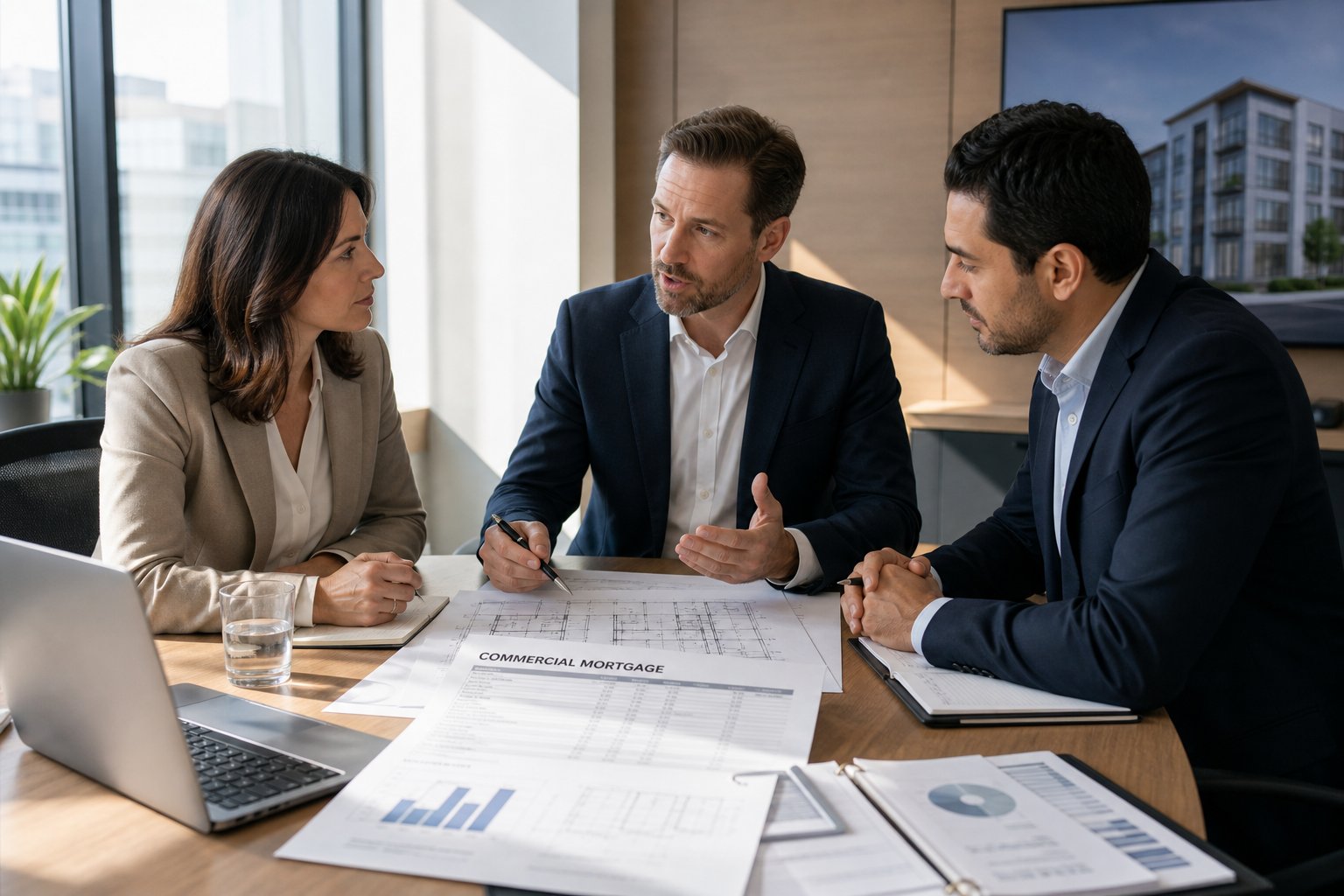 Three professionals discussing commercial finance in a bright boardroom with plans and paperwork.
