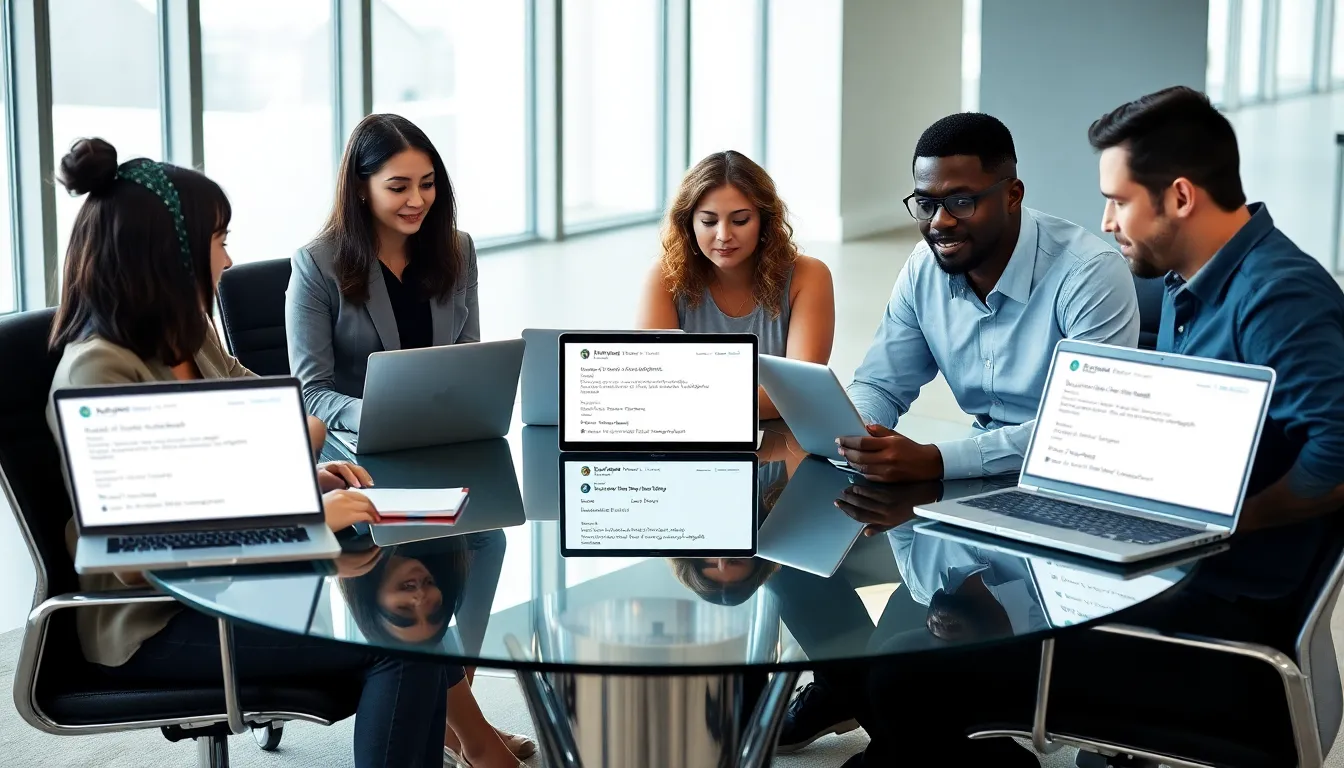 diverse professionals discussing email address formats in a modern office.
